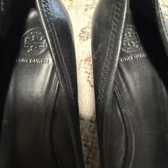 Tory Burch Black Leather Flats with Gold Logo Medallions - Picture 8 of 9